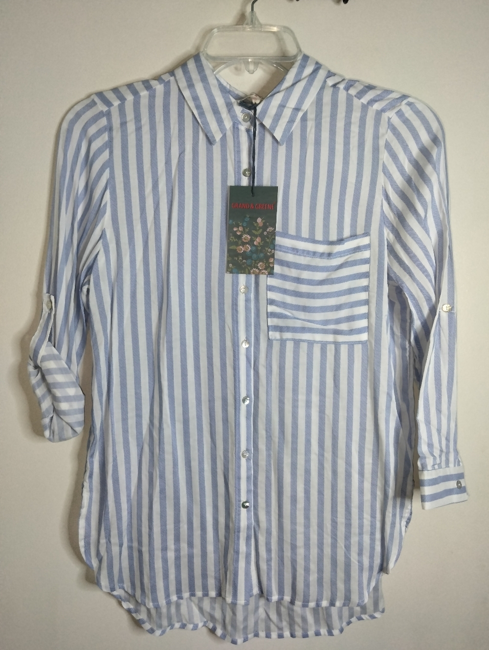 Grand & Greene (Sz S) Blue & White Stripe Button Up Roll Tab Slv Shirt (NEW-NWT)